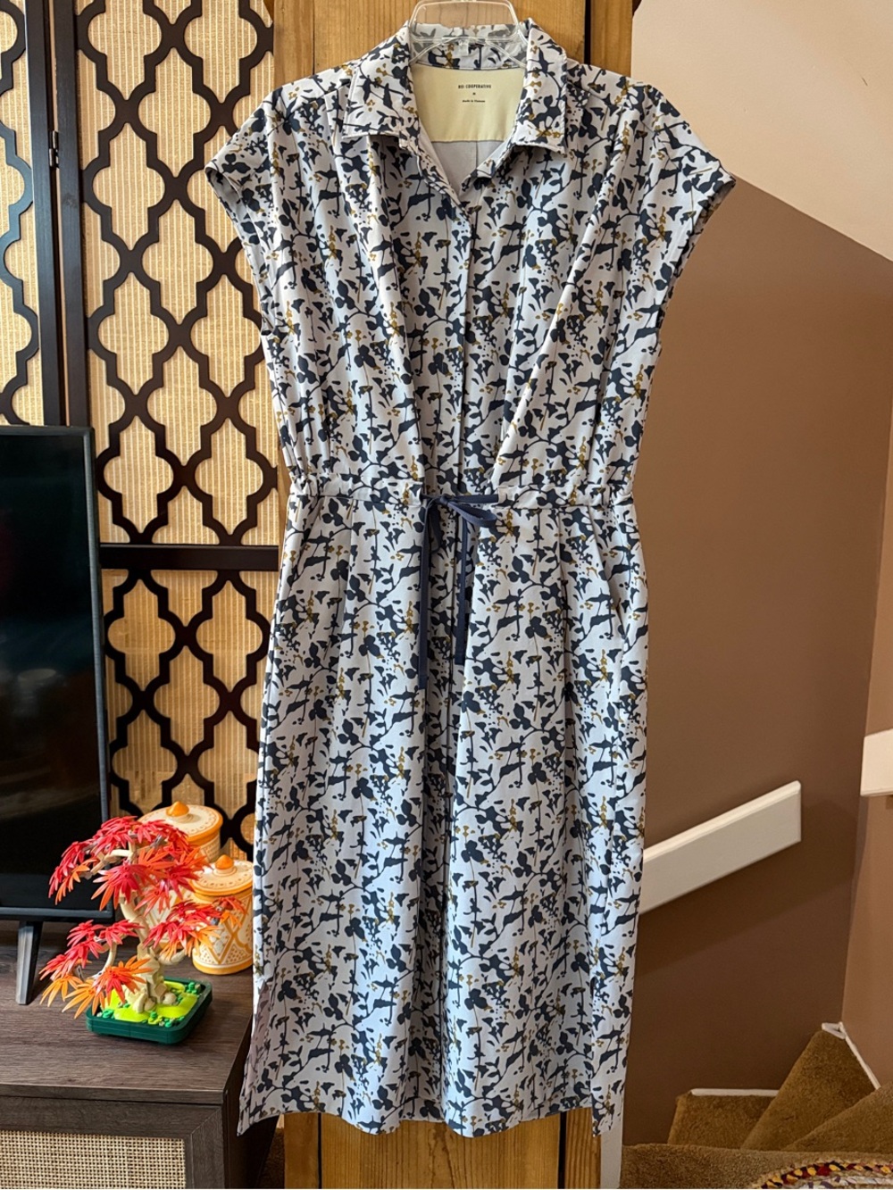 REI Lavender & Navy with Green Accents Floral Tie-Waist Midi Dress